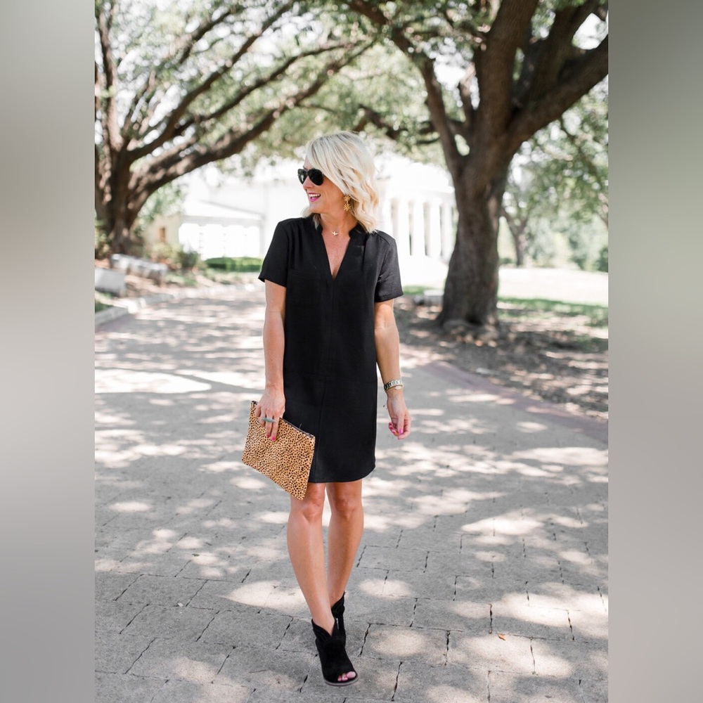 Marquis Black Viscose Shirt Dress Size Medium Short Sleeve Minimalist Shift LBD